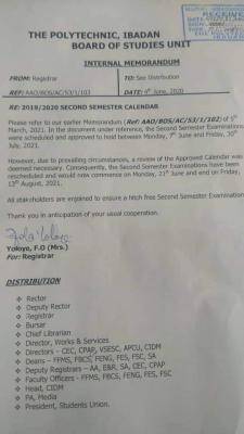 Ibadan Poly postpones commencement of 2nd semester exam, 2019/2020