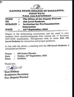 Kaduna state COE Notice to 200L Students on pre-examination interaction