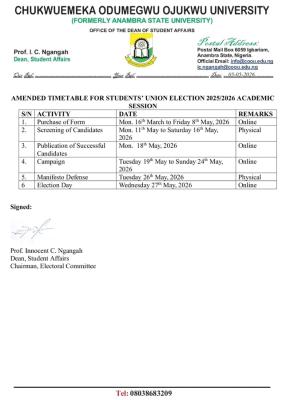 COOU releases SUG amended election timetable, 2025/2026