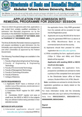 ATBU remedial programme admission form for 2020/2021 session