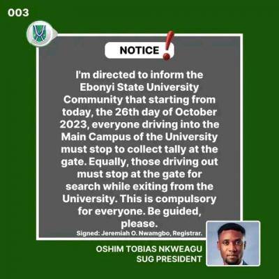 EBSU SUG important notice to the University Community