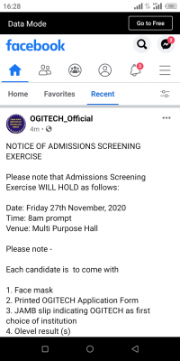 OGITECH notice on admission screening for 2020/2021 session