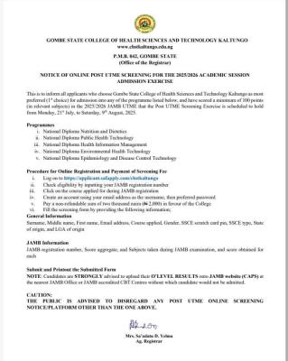 Gombe College of Health Science and Tech, Kaltungo Post UTME form, 2025/2026