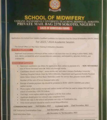 UDUTH school of Midwifery admission form, 2023/2024 session