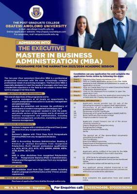 OAU Executive Master in Business Administration (MBA) programme, 2023/ ...