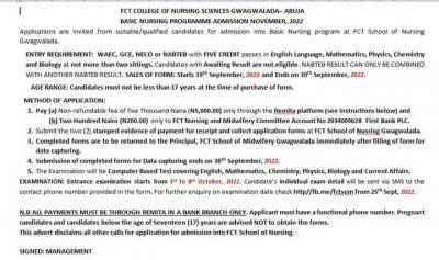 FCT School of Nursing Gwagwalada Admission Form 2022