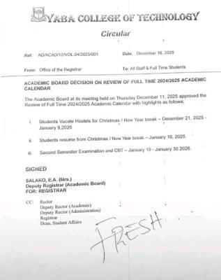 YABATECH reviews 2024/2025 Academic Calendar, announces Christmas Break and Exam Dates