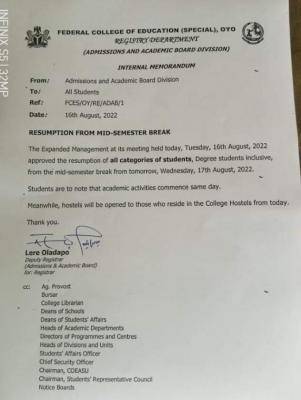 FCE (special), Oyo notice on resumption from mid-semester break