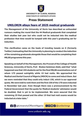 UNILORIN dispels rumours surrounding the induction of Medical Graduands,