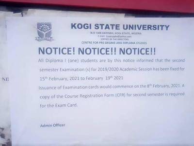 KSU notice to Diploma one (1) students on commencement of 2nd semester exam, 2019/2020