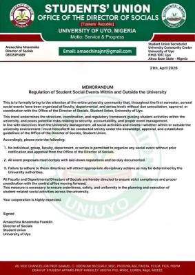 UNIUYO Student Union issues directive on regulation of Social Events