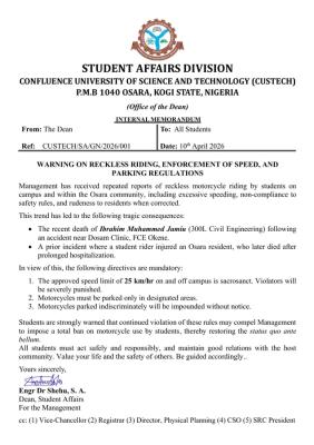 CUSTECH warns against reckless riding, enforces speed and parking regulations on campus