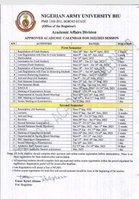U Of U Calendar 2023 Nigeria Army University Biu (Naub) Academic Calendar For 2022/2023 Session  - Npowertech