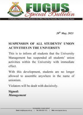 FUGUSAU suspends all Students' Union activities in the university