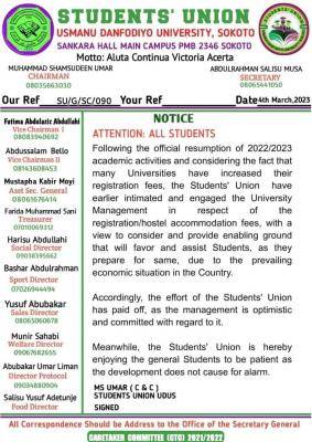 UDUS SUG notice to all students