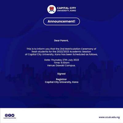 Capital City University 2nd Matriculation Ceremony, 2022/2023