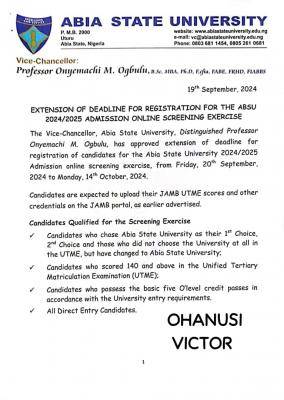 ABSU extends Post-UTME/DE registration, 2024/2025