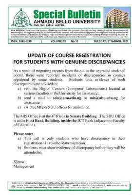 ABU notice to students with discrepancies in their course registrations