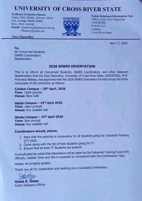 UNICROSS announces SIWES orientation dates, 2026