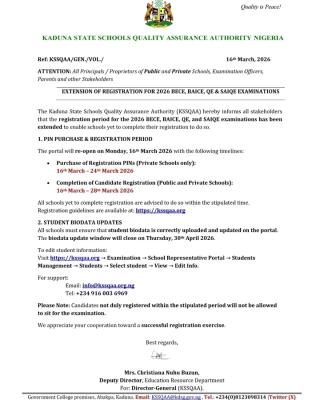 Kaduna State Schools Quality Assurance Authority extends registration for 2026 examinations