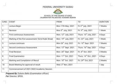 FUGUS Pre-degree academic calendar for 2020/2201 session