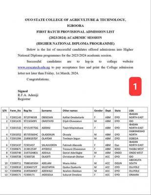 OYSCATECH release 1st batch HND admission list 2023/2024