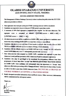 OOU admission procedure for 2025/2026 session