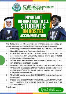 Al-Hikmah University important notice to students on Hostel accommodation