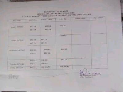Federal COE, Zaria Batch B Amnesty/Third Semester examination timetable, 2022/2023 session