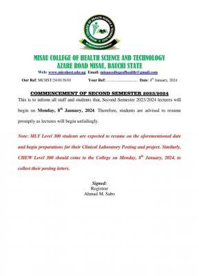 Misau College of Health Tech. notice on commencement of 2nd semester, 2023/2024