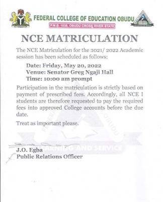 FCE, Obudu announces matriculation ceremony, 2021/2022