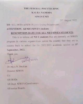 Federal Poly, Kaura Namoda notice on resumption to ND I SIWES students