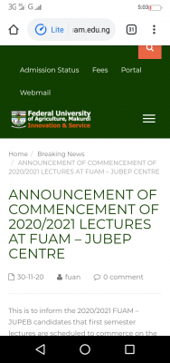 FUAM announces commencement of lectures for JUPEB students, 2020/2021 session