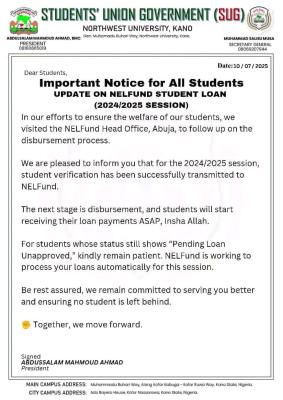 Northwest University SUG notice to students who applied for NELFUND