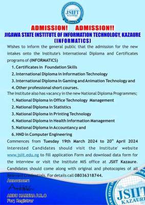 Jigawa Institute of Information Tech. Kazaure Admission Form 2024 is out