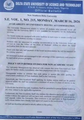 DSUST notice on availability of University's hostel accommodation