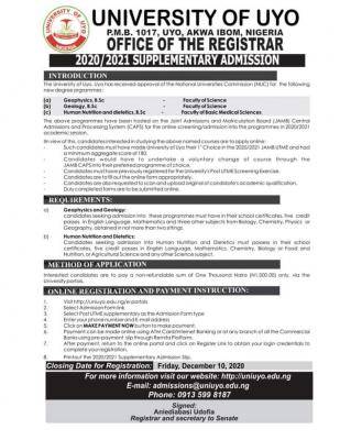 UNIUYO supplementary admission form for 2020/2021 session