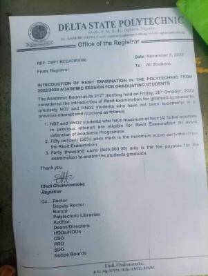 Delta Polytechnic Otefe-Oghara notice on exam resits for graduating students