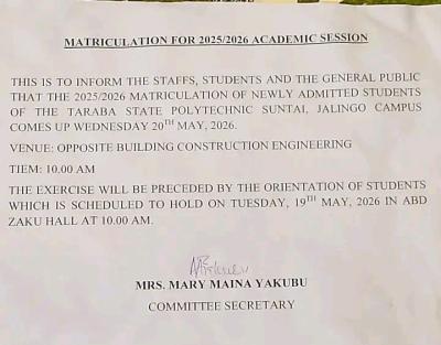 Taraba State Polytechnic announces Orientation & Matriculation Ceremony, 2025/2026