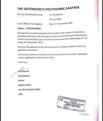 Gateway (ICT) Poly notice to all students on lecture break