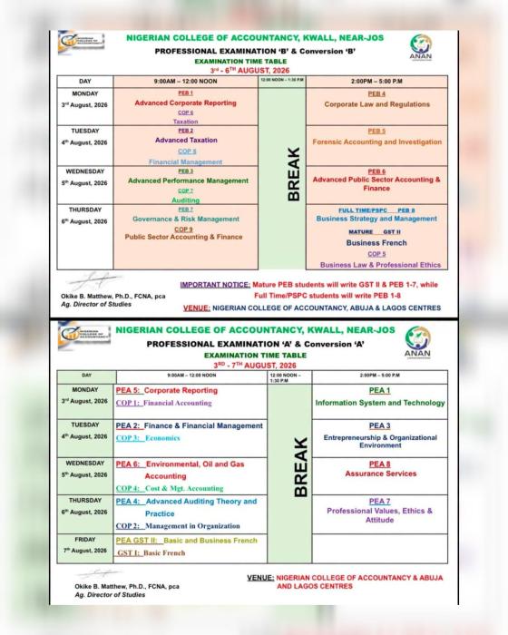 Nigerian College of Accountancy releases August 2026 resit exam timetable