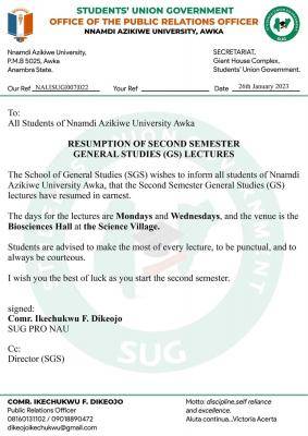 UNIZIK notice on resumption of second semester General Studies lectures