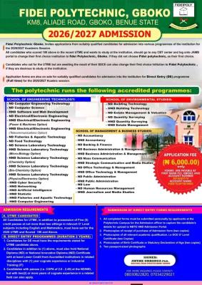 Fidei Polytechnic, Gboko releases ND/HND Admission form, 2026/2027