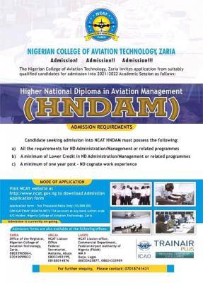 NCAT admission into HND Aviation Management, 2021/2022
