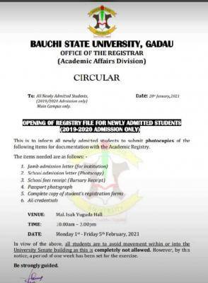 BASU notice on registration requirements for new students, 2019/2020 session