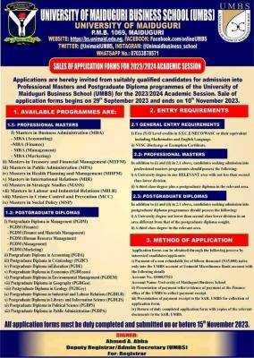 University of Maiduguri Business School admission form for 2023/2024 session