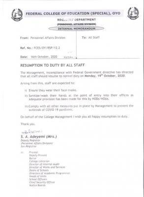 FCE Oyo special issues a resumption notice to staff