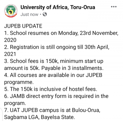 University of Africa, Toru-orua notice to JUPEB students