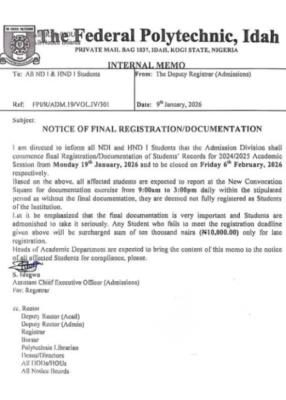 Federal Polytechnic, Idah notice to ND I and HND I students on final registration & documentation
