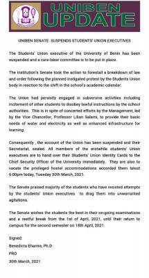 UNIBEN suspends Students' Union Executives
